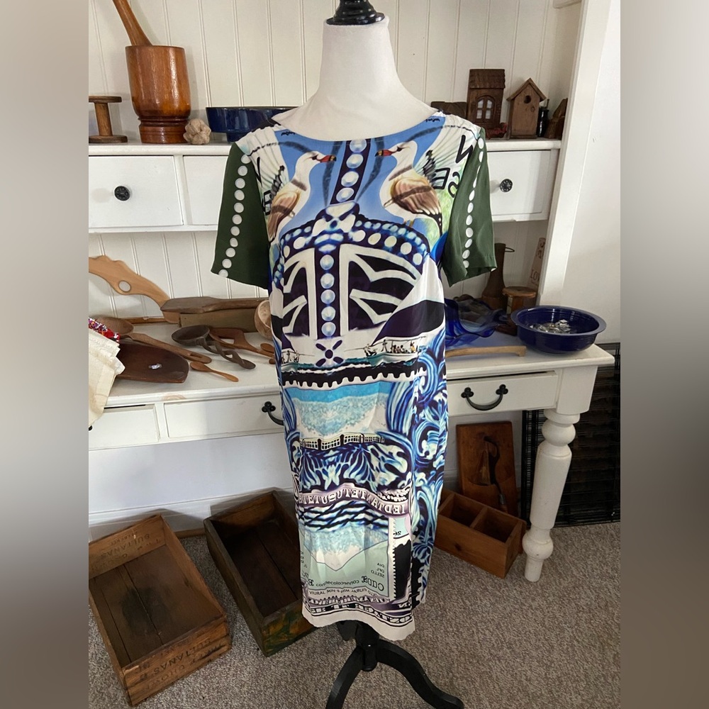 MARY KATRANTZOU Blue White Multicolor Graphic Print Shift Dress